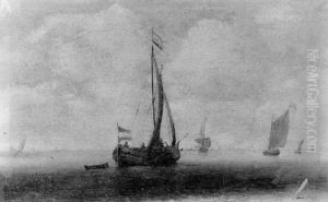 A Wijdschip Running Before The Wind , Other Shipping Beyond In A Light Breeze by Jan Porcellis