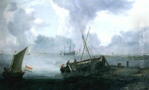 An Estuary With A Moored Fishing Smack by Jan Porcellis