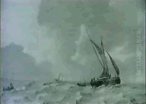 A Smalschip Sailing In Choppy Seas Off The Dutch Coast by Jan Porcellis