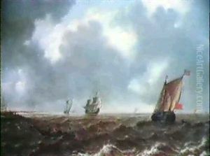 Ships Sailing Off Shore In A Strong Wind by Jan Porcellis