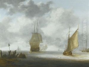 A Calm Sea With A Man Of War And A Fishing Boat by Julius Porcellis