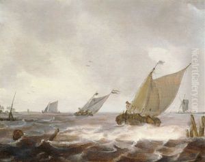 Fischkutter Auf Bewegter See In Kustennahe by Julius Porcellis