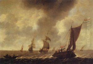 A Wijdschip Sailing Before The Wind With Fishermen In A Rowing Boat, Other Shipping Beyond, In Choppy Waters A Wijdschip Sailing Before The Wind With Fishermen In A Rowing Boat, Other Shipping Beyond, In Choppy Waters