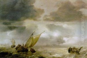 A Wijdschip Lowering Sails With Fishermen In A Rowing Boat Hauling In Their Nets, As A Storm Approaches by Julius Porcellis