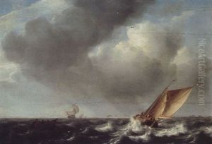 A Smalschip, Fishermen's Boat And Other Vessels On Choppy Seas by Julius Porcellis