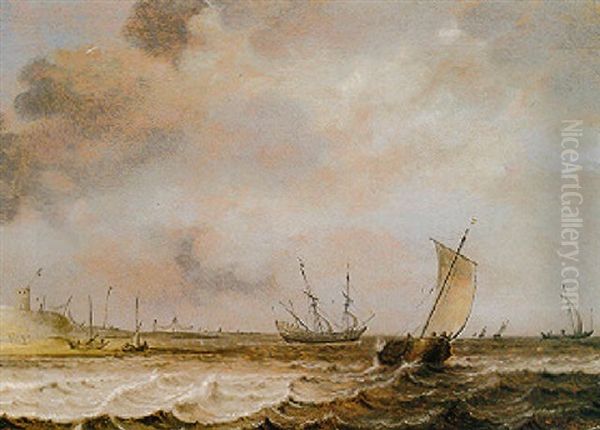 A Dutch Hoeker, A Frigate And Other Shipping In Choppy Seas Offshore - view 1