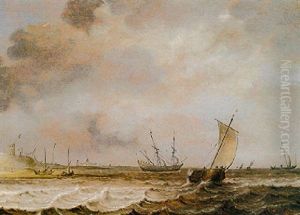 A Dutch Hoeker, A Frigate And Other Shipping In Choppy Seas Offshore
