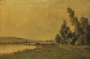 Vaches En Bord De Riviere by Albert Porcher