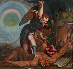 L"archange Saint Michel Pietinant Satan Avec Les Representations De L"enfer Et Du Paradis