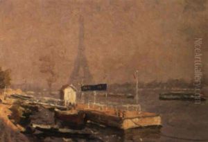 A View Of A Quay Along The Seine In Paris, The Eiffel Tower In The Distance by Oswald Poreau