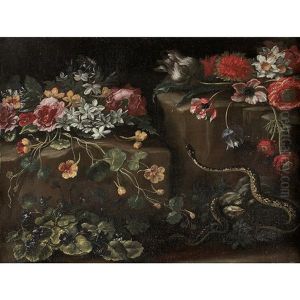 Fleurs Sur Un Entablement Anime D'un Serpent