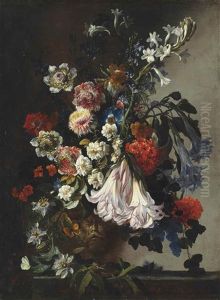 Lilies, Freesia, And Other Flowers In A Carved Stone Urn On A Table With A Large White Butterfly And A Moth by Paolo Porpora