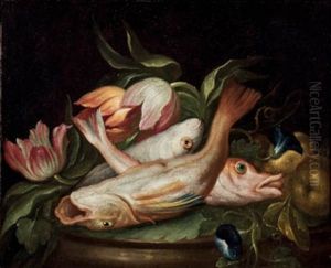 Bodegon Con Flores, Frutas Y Plato De Pescado by Paolo Porpora