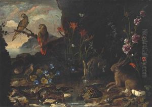 Hares, A Tortoise, A Crocodile, Frogs, Quails, A Hedgehog, Butterflies, Dragonflies And Parakeets By A Pool, With Flowers, Strawberries And A River