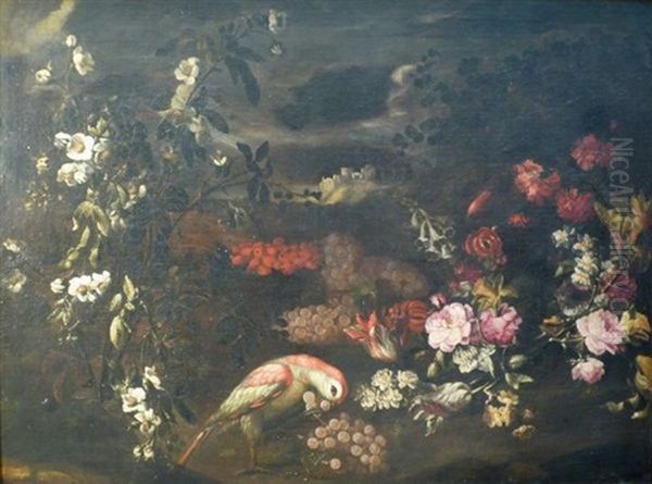 Nature Morte Au Vase Sculpte Et Orne De Fleurs (+ Nature Morte Aux Fleurs Et Aux Grappes De Raisins, Au Fond Un Paysage; 2 Works) - view 1