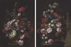 Peonies And Other Flowers In An Urn On A Ledge (+ Chrysanthemums And Other Flowers In An Urn On A Ledge; Pair) by Paolo Porpora