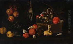 Nature Morte A La Coupe De Figues, Panier De Champignons Et Grenade by Paolo Porpora
