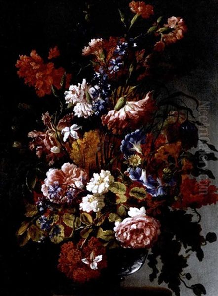 A Still Life Of Poppies, Convolvulus, Roses, Fritillaries, Nasturtiums And Jasmine In A Glass Vase, Resting On A Stone Ledge - view 1