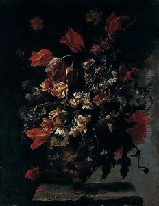 A Still Life Of Narcissi, Dafodils, Clemantis, Tulips, Carnations And Other Flowers In An Ornamental Vase On A Stone Pedestal by Paolo Porpora