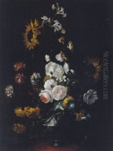 Roses, Sunflowers, Carnations, Narcissi, Morning Glory And Other Flowers In An Urn On A Pedestal by Paolo Porpora