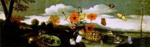 Natura Morta Con Fiori, Farfalle, Tartaruga, Granchio E Lucertola In Un Paesaggio