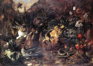 Forest Floor Still Life With A Porcupine, Rabbit, Ducks, Tortoises, And A Snail