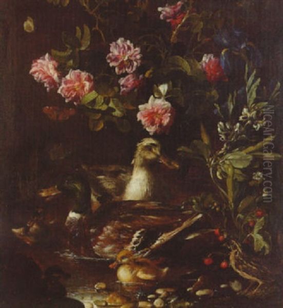 Ducks On A Pond With Roses, Irises, A Strawberry Plant, Butterflies And A Quail On A Bank - view 1