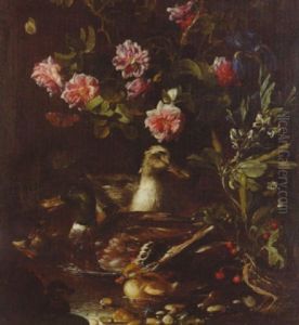 Ducks On A Pond With Roses, Irises, A Strawberry Plant, Butterflies And A Quail On A Bank