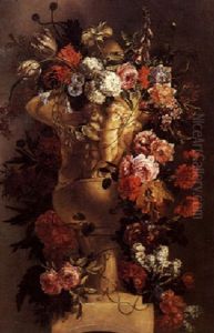 Fiori In Un Vaso Di Marno Scolpito Con Putti by Paolo Porpora