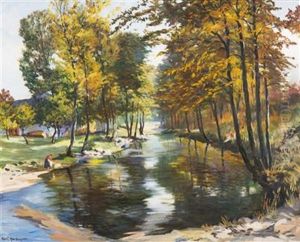 Sunny Autumn Day By The Waterside by Gustav Pors