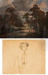 Landschaftsskizze Mit Hirschjagd (+ Frauen-halbakt, Charcoal, Verso) by Otto Maria Porsche