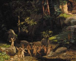 Putti Frolicking In A Woodland Pool by Otto Maria Porsche