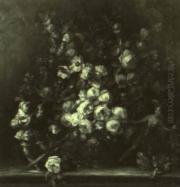 Blumenstilleben Mit Den Figuren Von Harlequin Und Colombine - view 1