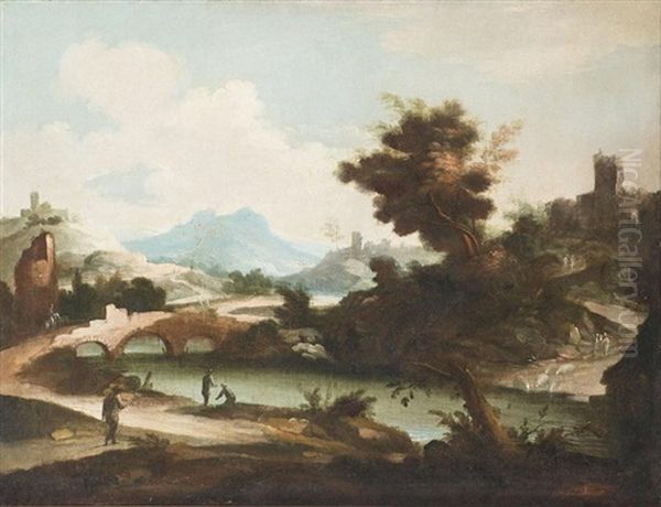An Extensive River Landscape With Figures Fishing - view 1
