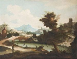 An Extensive River Landscape With Figures Fishing