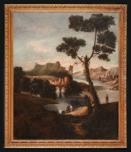 Paesaggio Fluviale Con Figure E Borgo In Lontananza