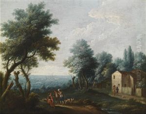 Blick Aus Einem Waldchen Mit Bauernhaus Und Figuren Auf Eine Stadt