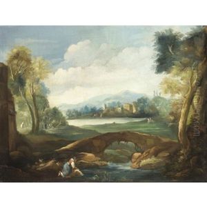 Paesaggio Con Contadina Che Lava Presso Un Fiume