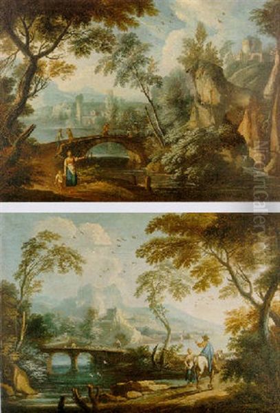 River Landscape With Bridges And Travellers On A Path, Towns And Mountains Beyond - view 1