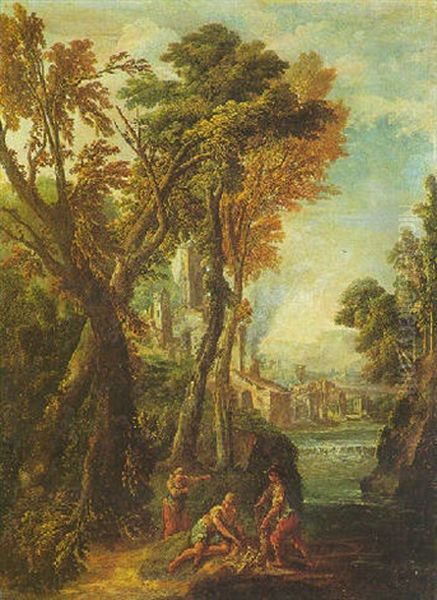 Paesaggio Con Grandi Alberi, Un Castello, Un Fiume E Tre Figure Di Contadini - view 1