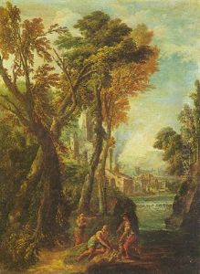 Paesaggio Con Grandi Alberi, Un Castello, Un Fiume E Tre Figure Di Contadini by Tomaso Porta