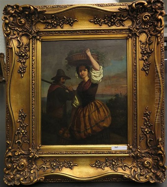 Femme Au Panier De Raisins Et Chasseur - view 1