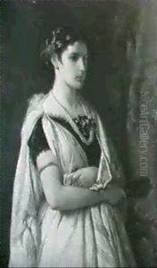 Portrait De Jeune Femme En Buste, Un Eventail A Plumes Dans Sa Main