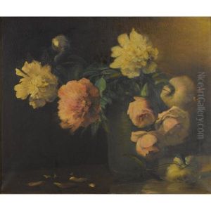 Peonies And Roses In A Green Vase by Charles Porter