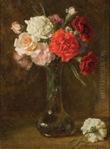 Carnations And Roses In A Glass Vase by Charles Porter
