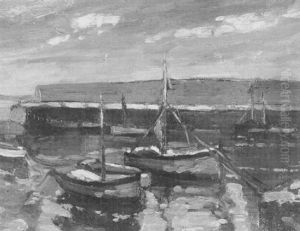 Boats In A Harbor by Frederick James Porter