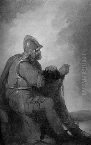 A Seated Soldier Wearing A Helmet And Breastplate - view 1