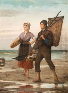 A Fisherman And A Fisherwoman On A Beach by Edward Antoon Portielje