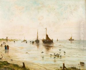 Plage Animee Aux Bateaux De Peche by Edward Antoon Portielje