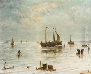 Plage Animee Aux Bateaux De Peche by Edward Antoon Portielje